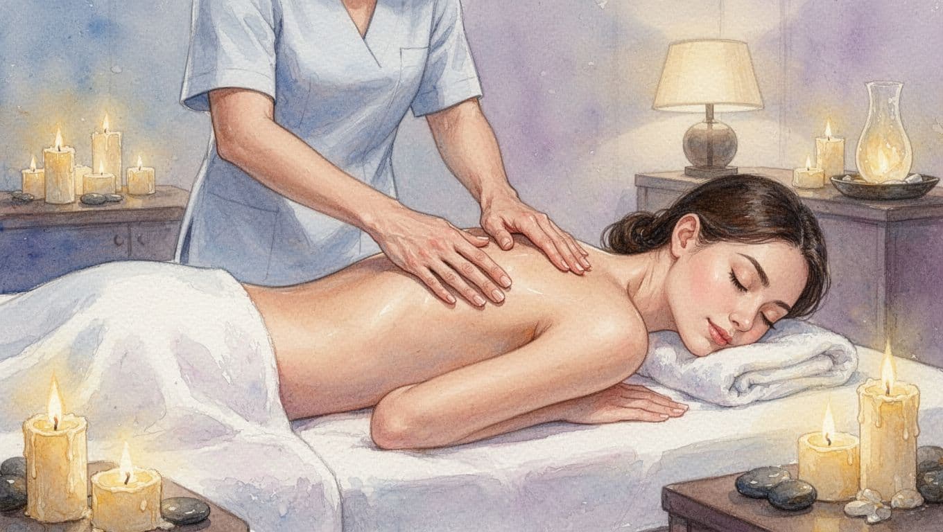A massage therapist applies gentle Swedish massage strokes to a relaxed client's back and shoulders in a serene spa room with warm candlelight. The watercolor style features soft pastel blues, lavenders, and warm yellows, emphasizing smooth muscle contours and a tranquil atmosphere.