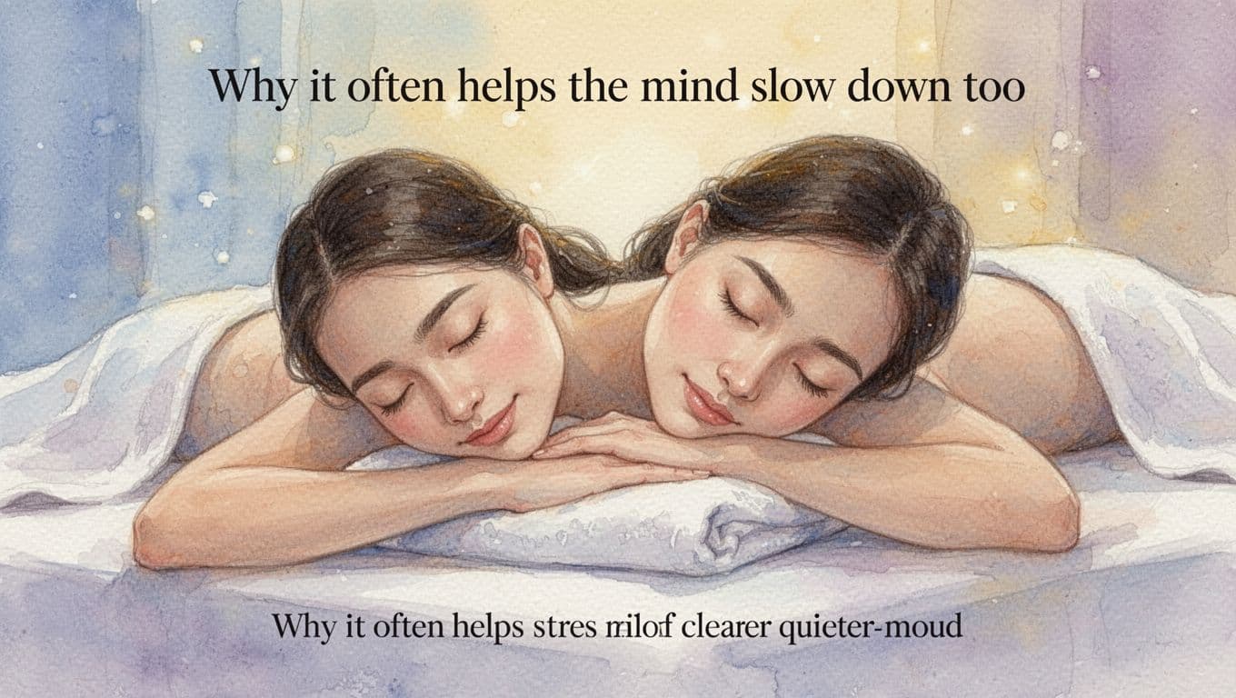 A serene client lies face down on a massage table pillow with eyes closed, displaying a calm, rested expression suggesting a clearer, quieter mind after a Swedish massage. Watercolor style features soft blending, visible brush textures, and pastel blues, lavenders, warm yellows under soft spa lighting.