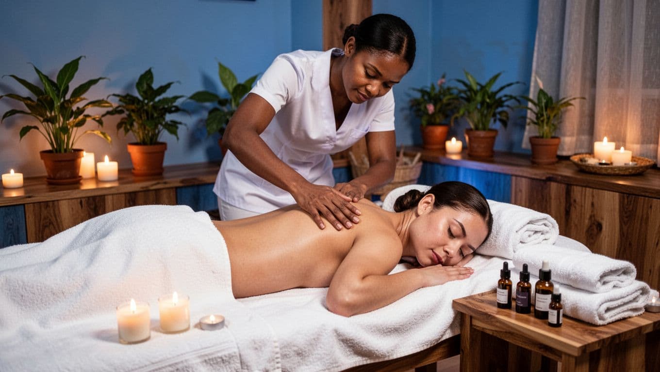 In a calming spa room at Black Berry Massage & Spa in Nairobi, a masseuse gently applies light pressure to a client's upper back during a classic Swedish massage, with the client face down on a table with fresh white linens, surrounded by soft lighting, potted plants, essential oils, and neatly folded towels in blue and wood tones.