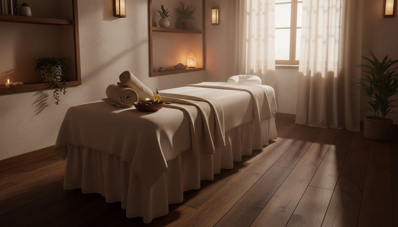 A cushioned massage table sits in the center of a dimly lit studio draped with folded white linens. Soft amber accent lights create a peaceful atmosphere perfect for relaxation and therapeutic sessions.