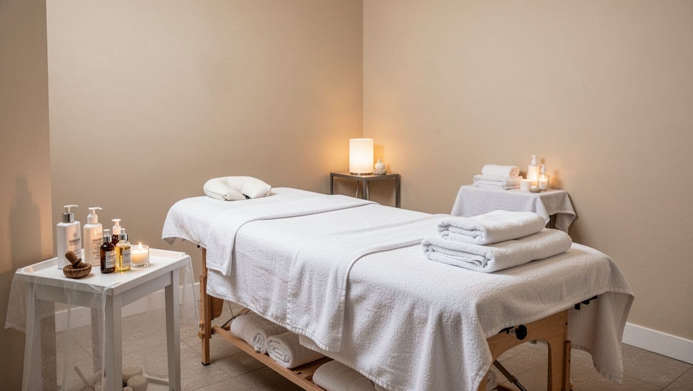 Swedish Massage 7 Clean spa treatment room with padded massage table covered in fresh white sheets, side table with oils and lotions, soft ambient lighting, neatly folded towels, serene inviting atmosphere, no people.
