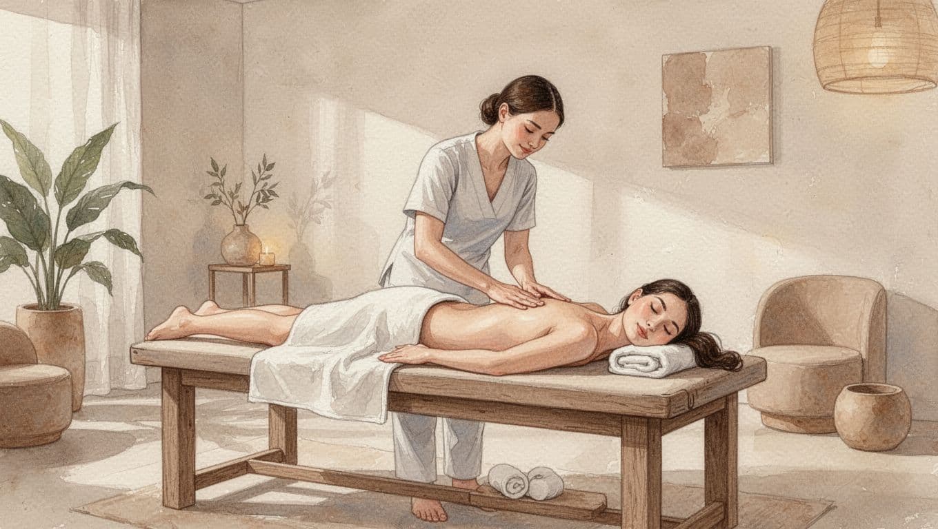A therapist uses long, flowing strokes on a client lying on a massage table within a warm, dimly lit spa. The watercolor style features soft earth tones and visible brush strokes.