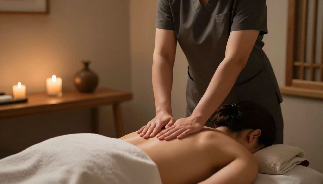 A focused therapist performs a soothing massage on a client lying on a comfortable table. The room features elegant wood wall panels and soft amber lighting that creates a tranquil atmosphere.