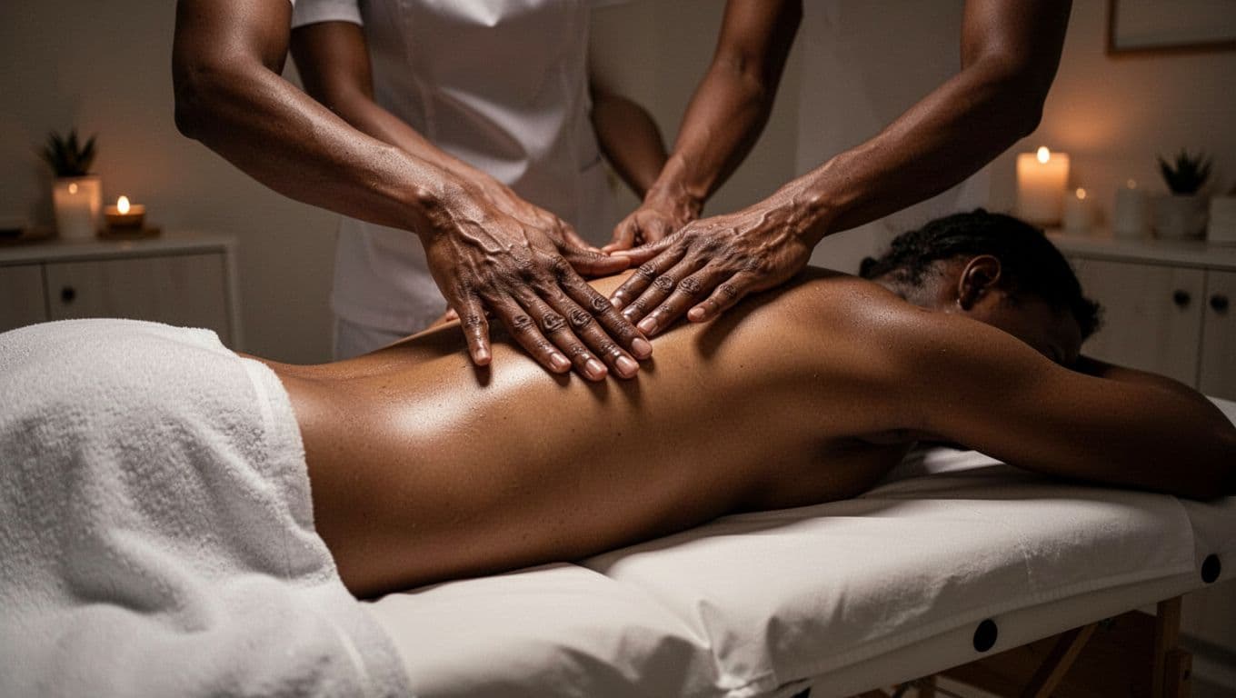 A therapist performs smooth, gliding strokes on a client's back while they relax on a white-covered massage table. Dim, warm lighting creates a quiet, minimalist atmosphere in this professional spa room.