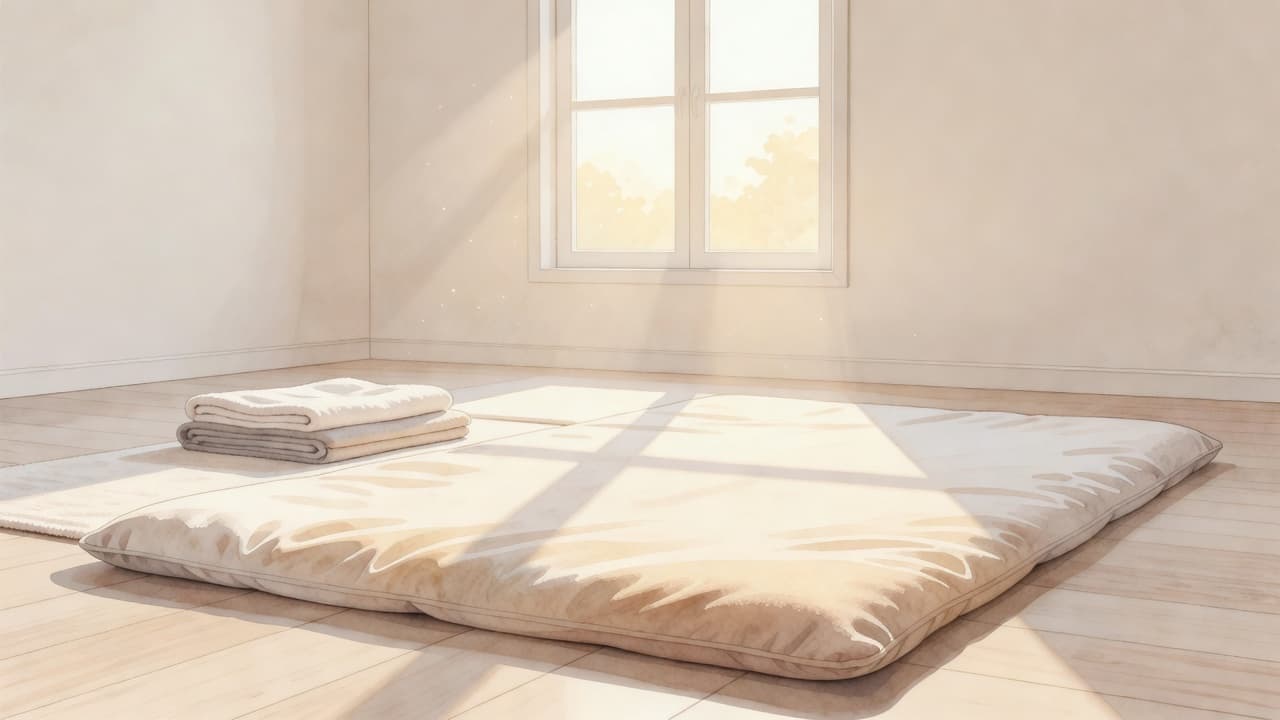 A soft floor mat rests in an airy, sun-drenched room featuring watercolor textures. Warm neutral tones define the space, creating a peaceful atmosphere perfect for professional floor-based therapeutic bodywork sessions.