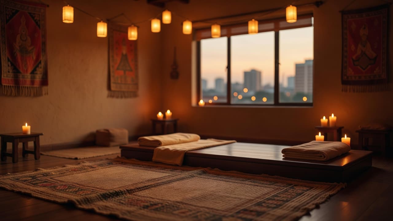 A plush floor mat lies centered on polished wooden flooring within a quiet room. Soft amber light glows from the corners, highlighting the clean textures of this tranquil Nairobi wellness space.