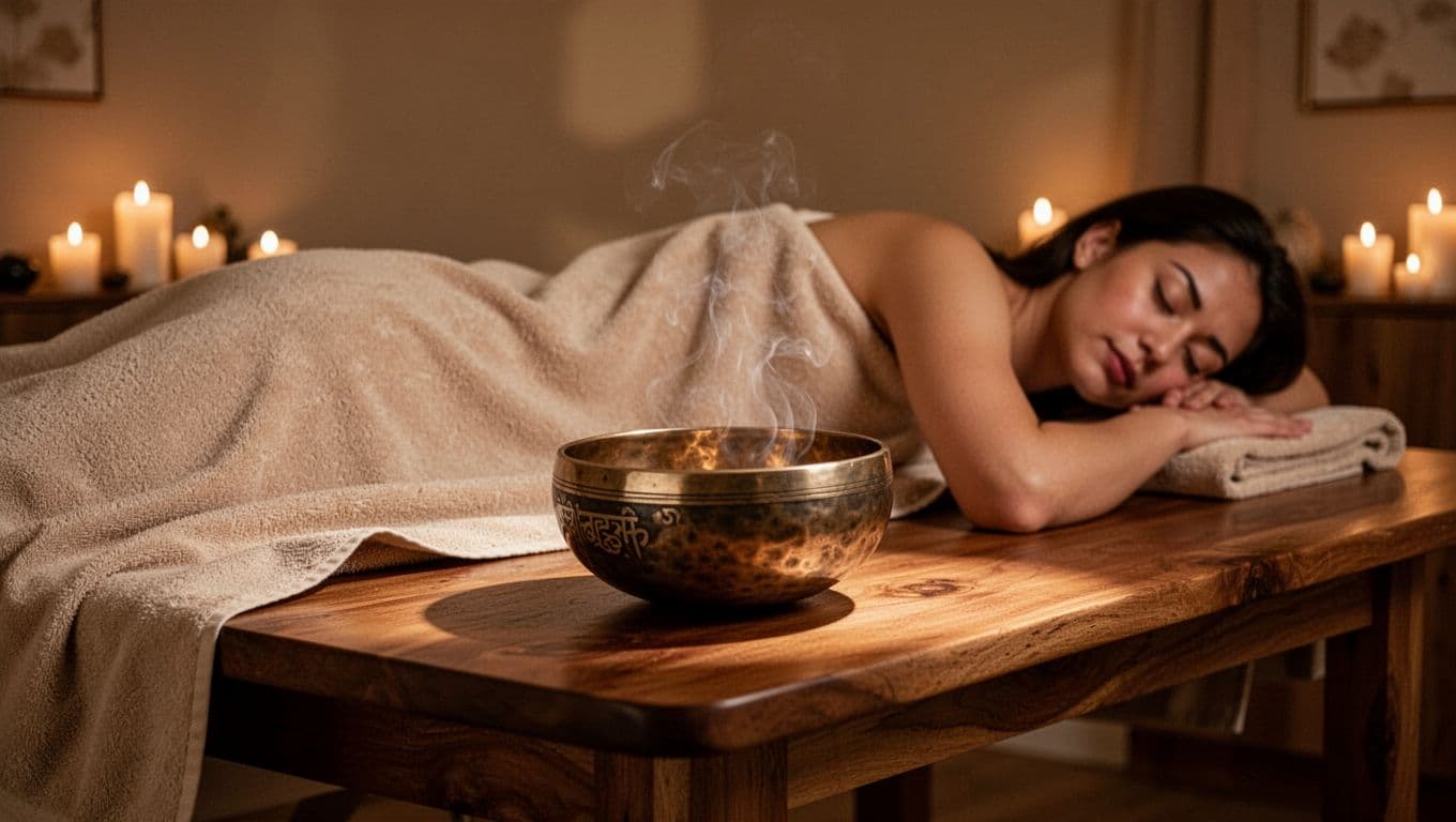 A peaceful spa setting with a massage table, Tibetan singing bowls vibrating near a partially visible client under a sheet, bathed in soft candlelight for a holistic, trauma-safe ambiance.