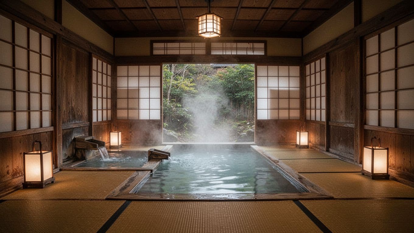 Serene interior of a traditional Japanese onsen bathhouse with wooden walls, sliding shoji screens, soft steam from hot water pools, tatami mats, and warm lantern glow. Wide-angle cinematic style capturing tranquil atmosphere with strong contrast, depth, and dramatic lighting.