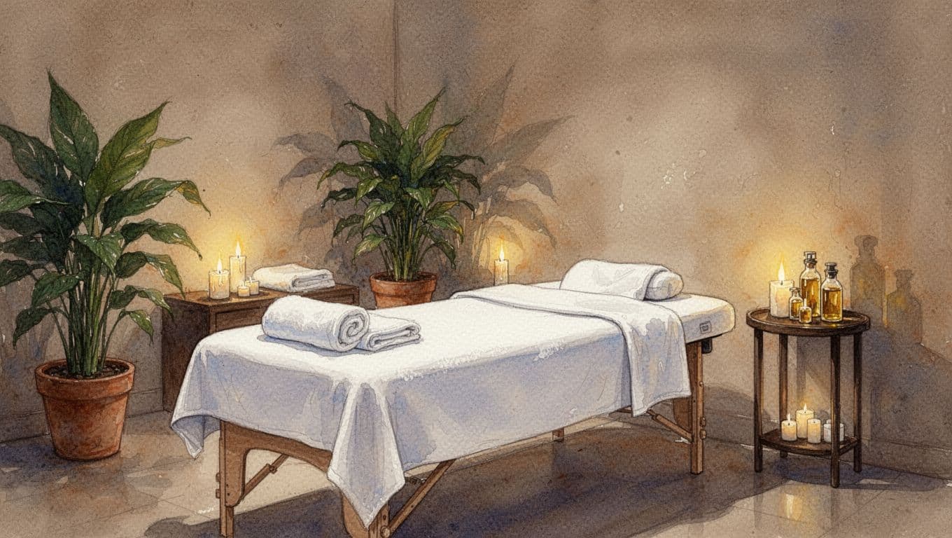 Watercolor style depiction of a peaceful empty massage room in a spa, with a massage table draped in fresh white towels, potted green plants, a side table with oil bottles, and dim warm candle-like lighting in calm serene earth tones.