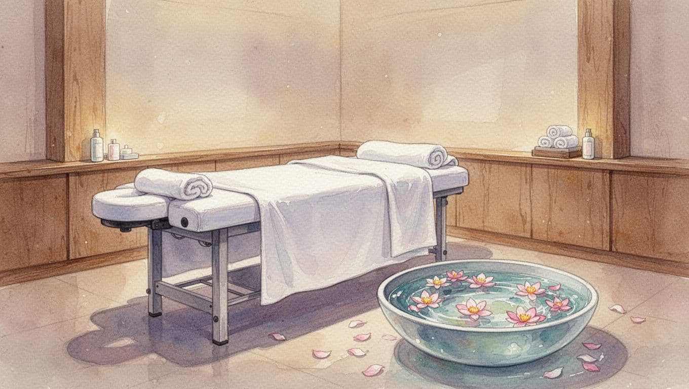 A professional massage table sits beneath warm ambient lighting, flanked by a bowl of floating flower petals. The soft watercolor textures and wooden accents create a calming atmosphere for guests.