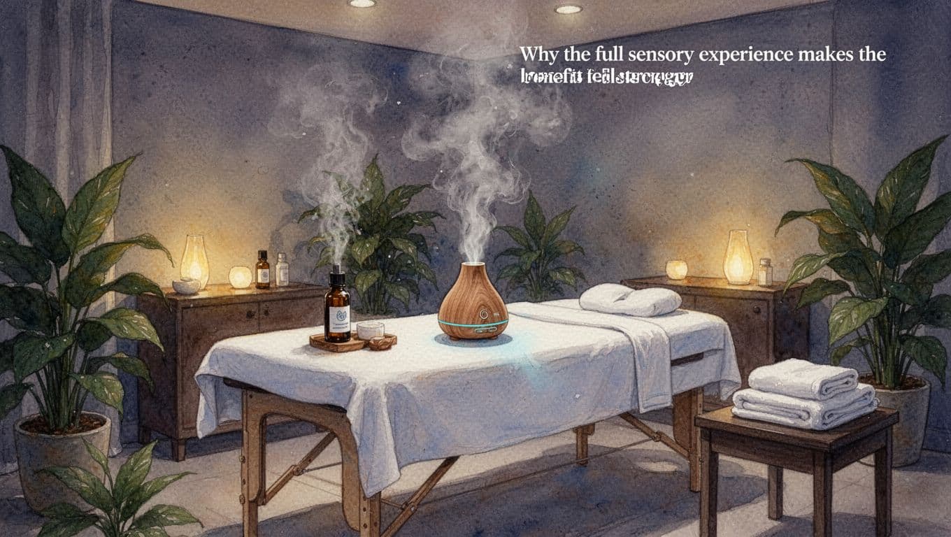 A tranquil spa room in watercolor style features a massage table, essential oil diffuser releasing mist, dim lights, lush plants, and neatly folded towels, evoking a serene multi-sensory atmosphere of scent, touch, and quiet. No people, text, or logos are present, with focus on soft blending and visible brush textures.