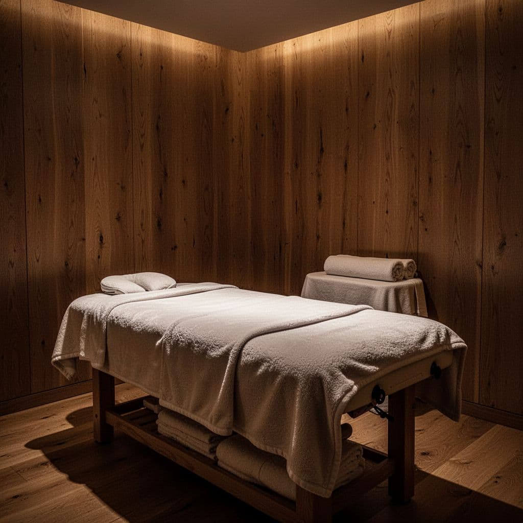 Warm ambient light illuminates a massage table covered in soft, textured linens within a dim room. The space features rich wooden walls and deep shadows, creating an inviting, tranquil spa environment.