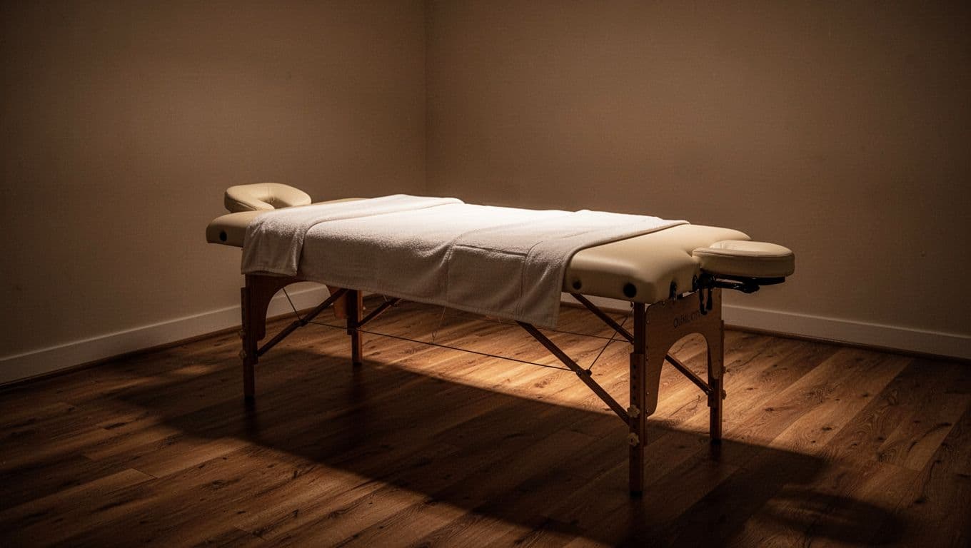A warm massage room features a clean table draped in soft linens against textured wood walls. Gentle glowing lights create long shadows across the floor, fostering a quiet, tranquil atmosphere.