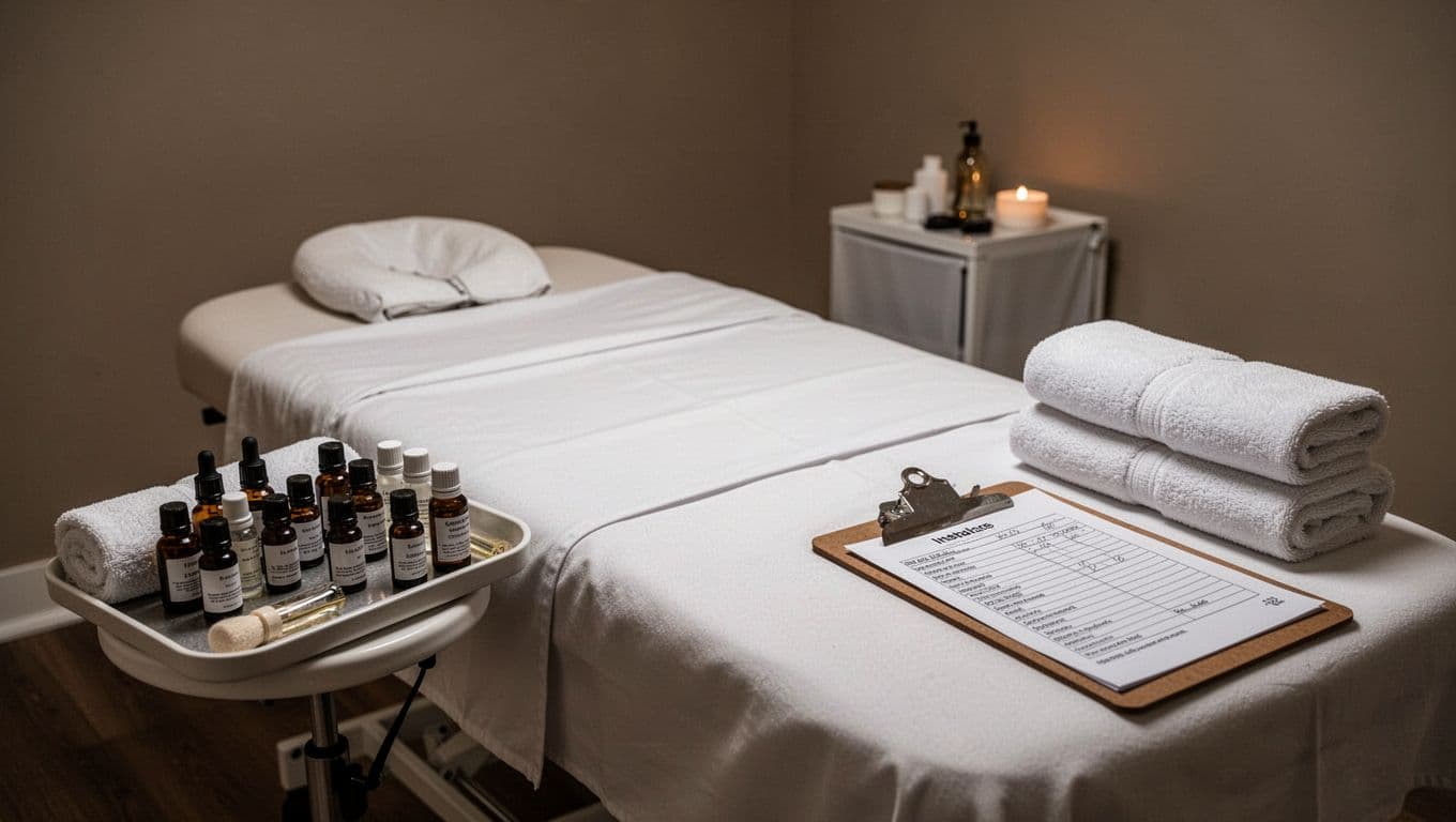 A professionally prepared massage treatment room in Kilimani spa, featuring a fresh white-sheeted table, neatly arranged essential oils, stacked cool towels, and a blurred intake clipboard, all in soft dim lighting for a serene 60-90 minute bliss session.