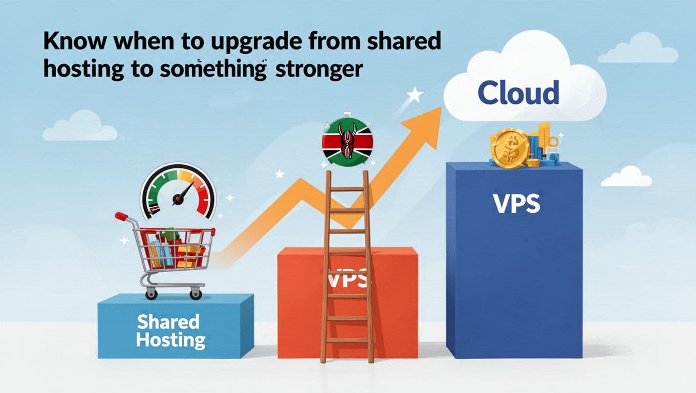 Clean infographic illustrating the upgrade progression from shared hosting foundation to VPS and cloud hosting peak, using upward arrows, traffic growth icons, Kenyan business elements like shopping cart and speedometer, and a simple ladder metaphor in modern flat design with vibrant colors.