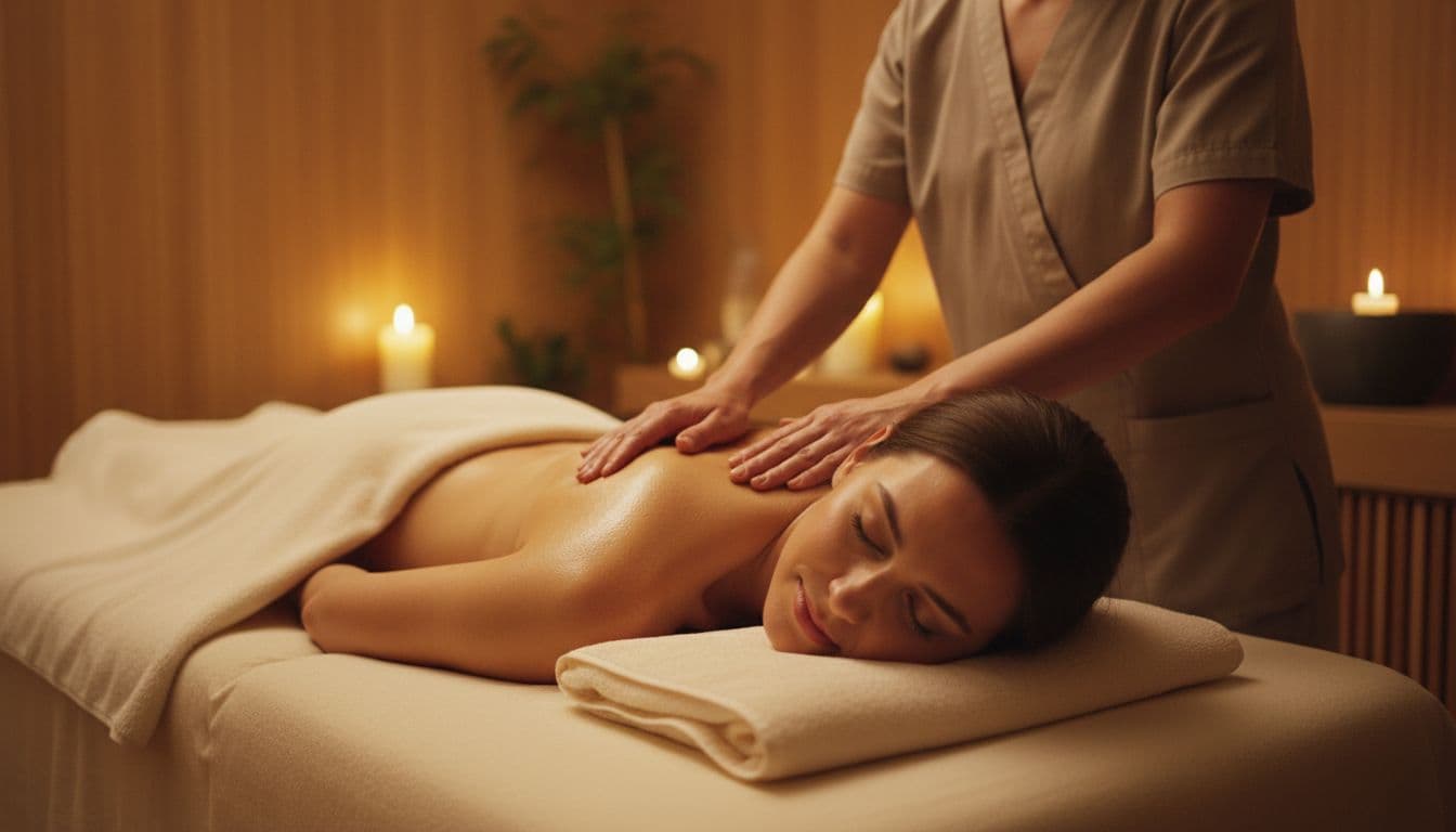 A single client lies face down on a massage table in a cozy, dimly lit spa room with shoulders exposed under a draped sheet, as a therapist gently presses the shoulders. The client's relaxed face in the cradle and open posture suggest deeper breathing in a serene, tranquil atmosphere with warm golden lighting.