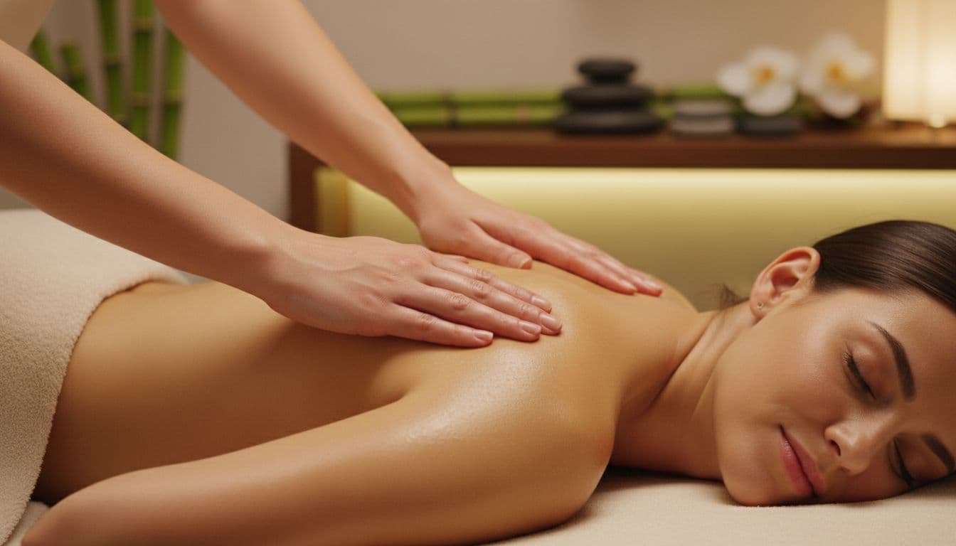 A close-up of gentle hands applying pressure to tense shoulders on a relaxed adult in a spa setting with soft warm lighting, illustrating the calming effect of massage on stress and muscles.
