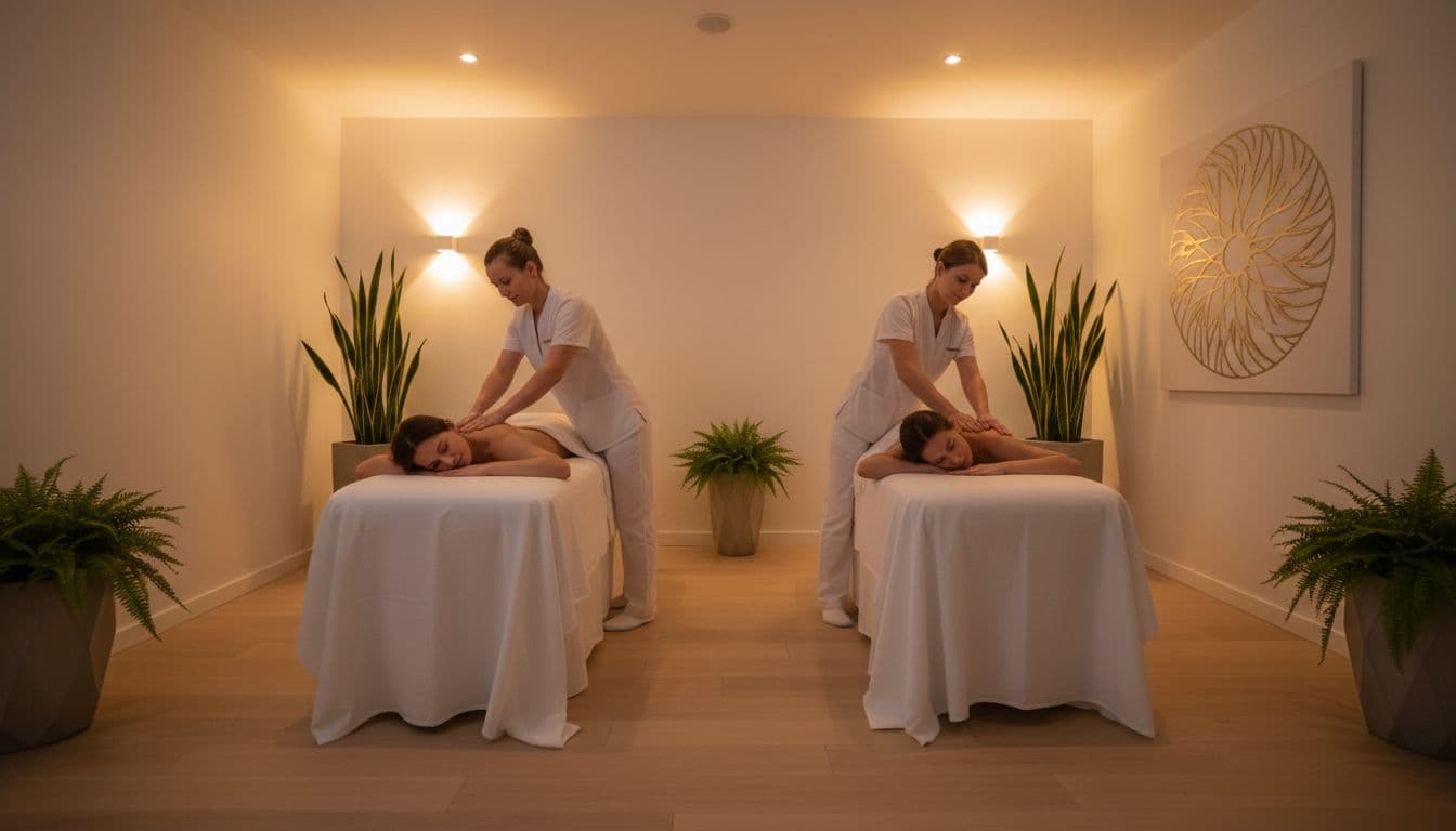 Two therapists provide synchronized massages to a couple lying face down on adjacent tables in a shared spa room at Fortune Massage & Spa, featuring warm soft lighting, clean modern decor, and potted plants in a relaxed atmosphere.