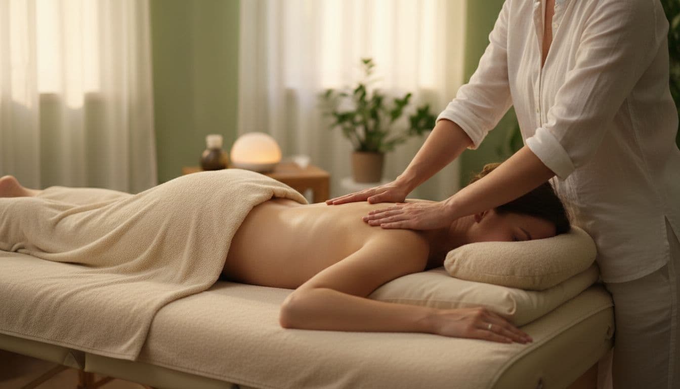 A pregnant woman positioned side-lying on a cushioned massage table with pillows receives gentle prenatal massage on her low back and hips from a therapist in a peaceful spa room with soft lighting.