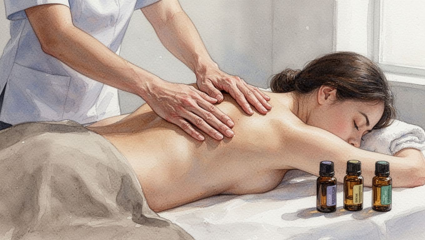 Watercolor style image focusing on a skilled massage therapist's hands applying custom pressure to a client's tense shoulders and upper back on a spa table in a serene room with essential oils and soft light.