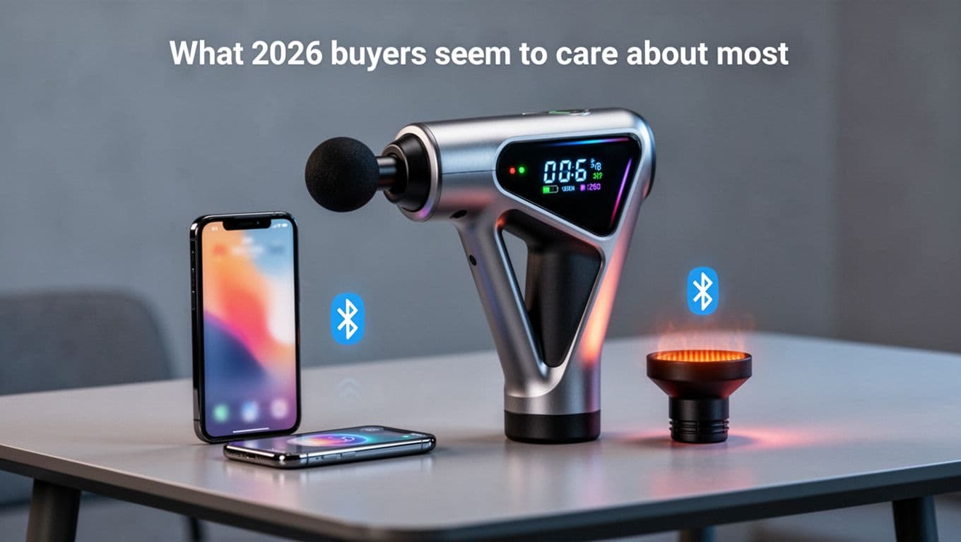 Massage Gun Guide: Benefits, Safe Use, and How to Choose One 7 High-end product photography of a sleek modern massage gun featuring an ergonomic triangular handle, OLED display showing battery and speed, Bluetooth-connected phone app, and optional heat attachment on a minimalist table with cool ambient lighting.