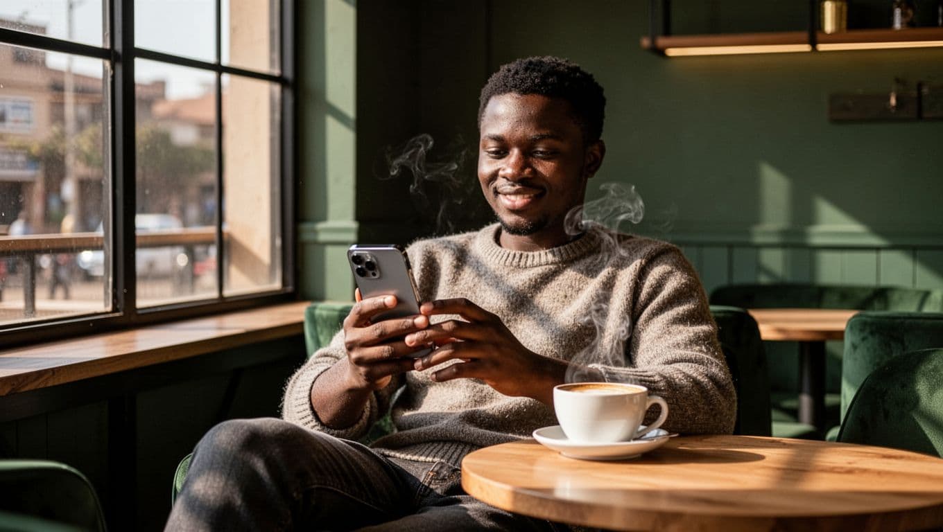 Person in cozy Nairobi cafe checks massage reviews and ratings on angled smartphone screen, 'Smart Checks' headline in dark-green band, relaxed vibe with coffee and natural light.