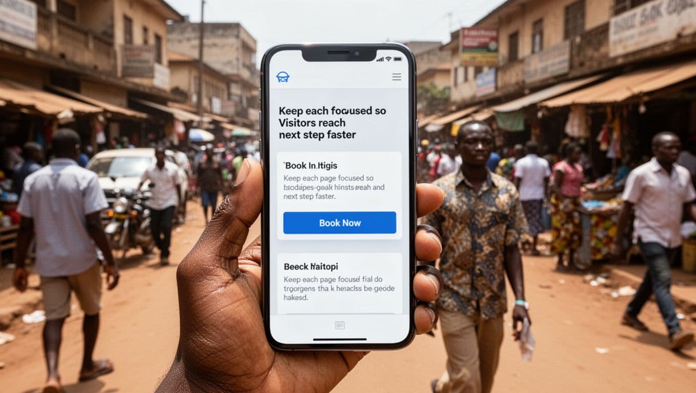 Realistic photograph of a smartphone held in one hand displaying a simple, clean mobile business service page with short sections, strong headings, and one main 'Book Now' call-to-action button, against a busy Nairobi street background in bright daylight.