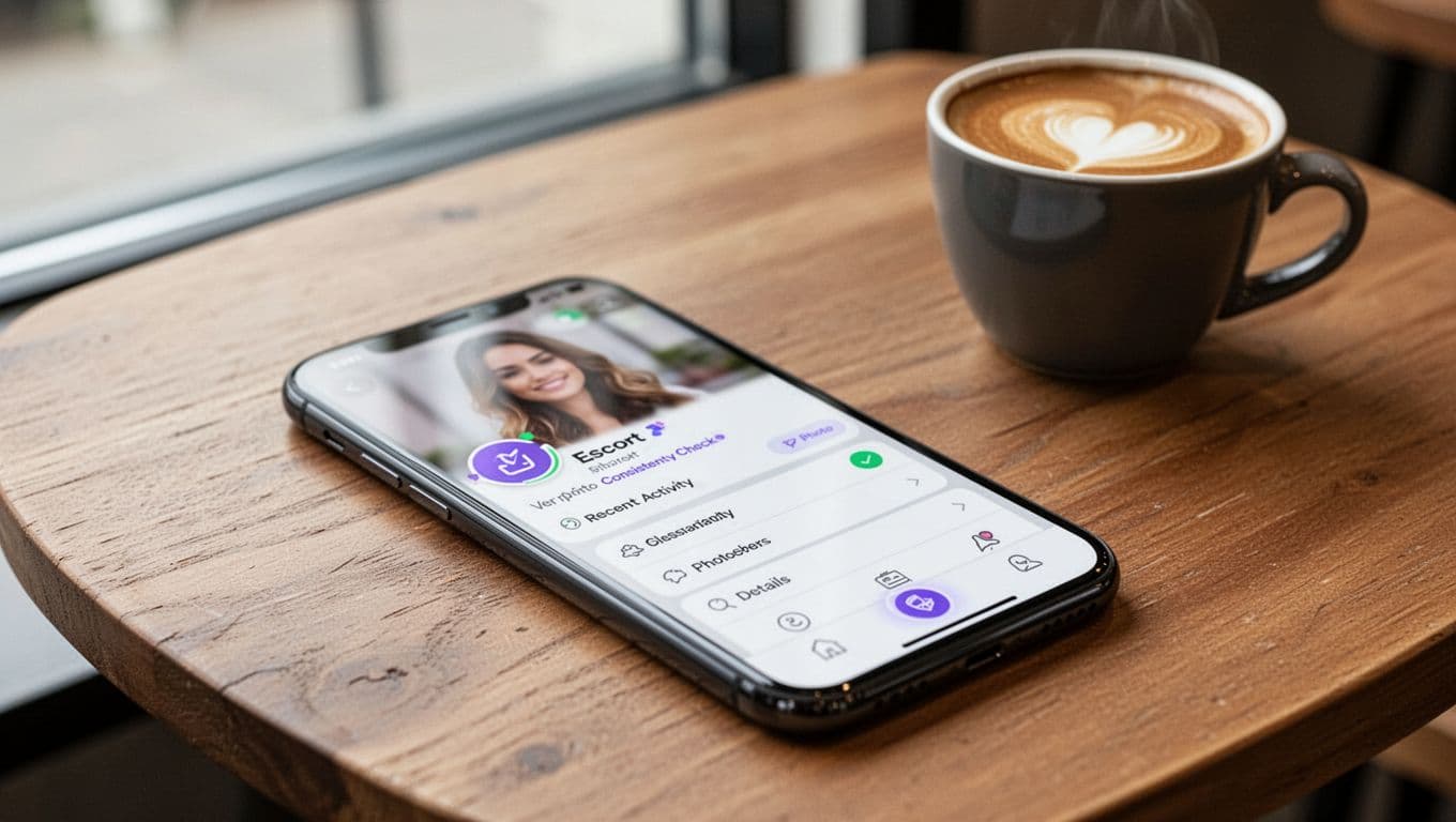 Close-up of a smartphone on a wooden cafe table displaying a blurred escort profile with photo consistency check, recent activity badge, and detail icons in a minimalist setting with coffee cup and natural daylight.