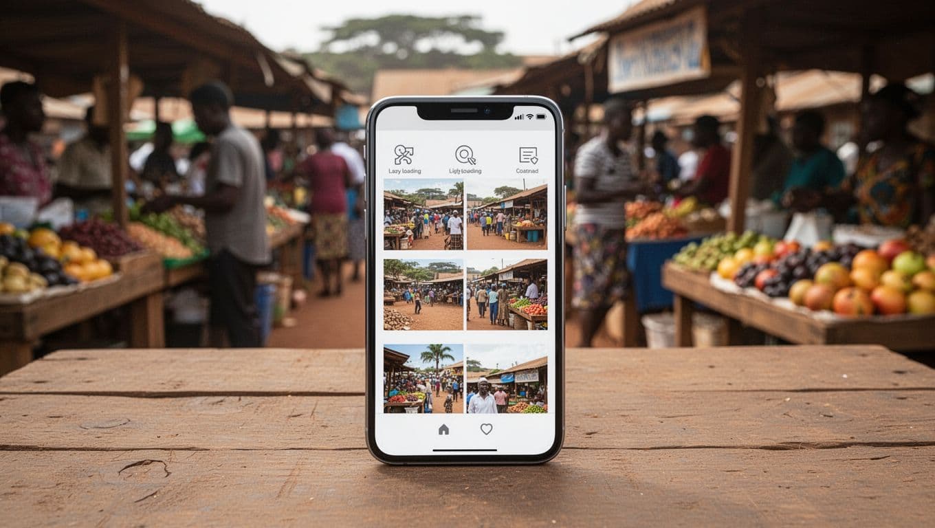 Smartphone screen on a wooden Nairobi market stall table displaying a lightweight webpage with compressed images loading quickly and subtle lazy loading icons, blurred bustling market background, natural outdoor light.