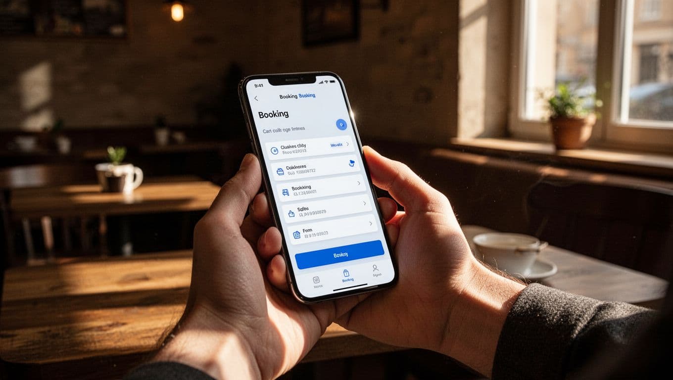 Hands holding a smartphone with a massage booking page inside a cozy cafe.