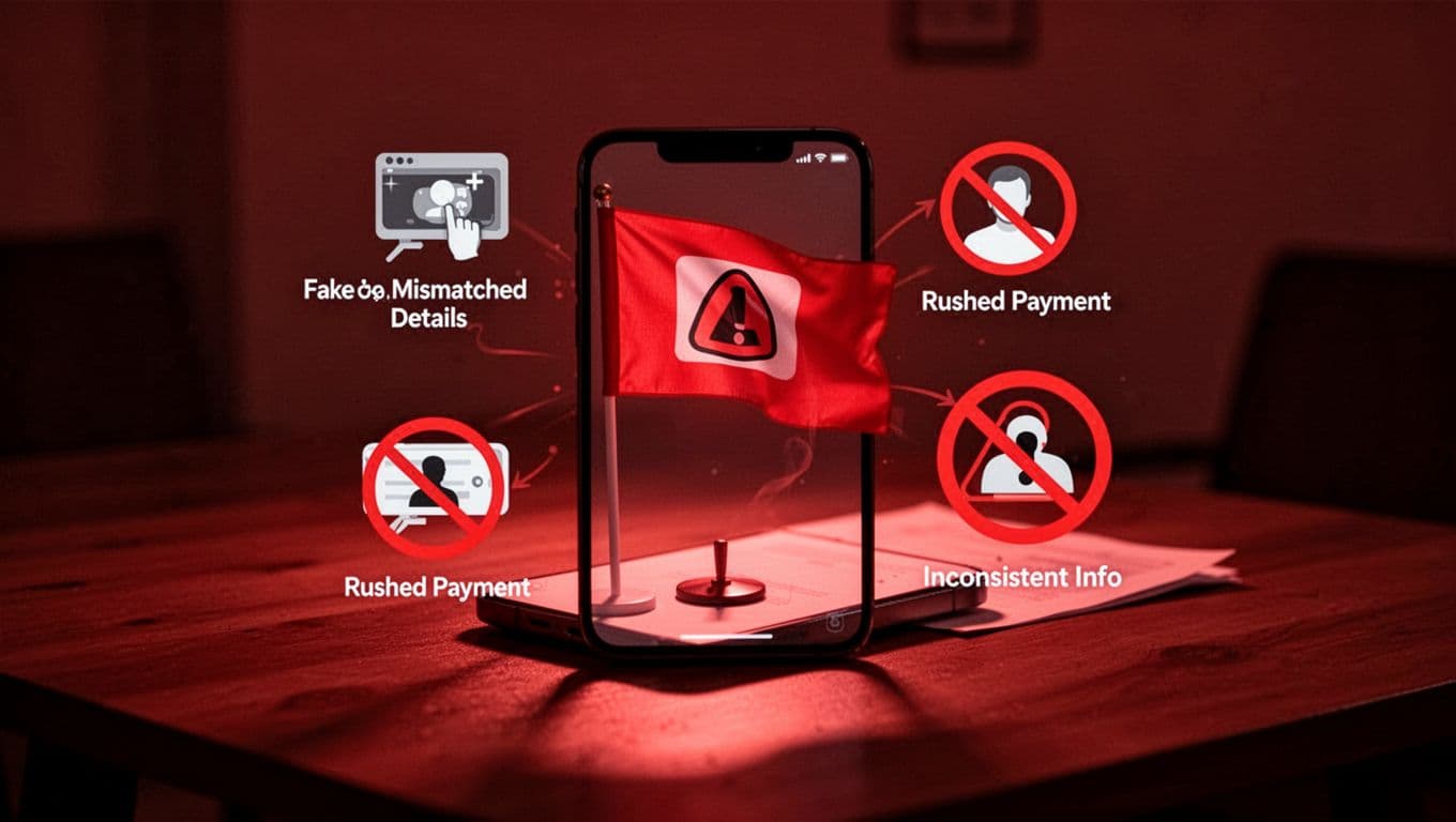 Symbolic illustration of red flag warning signs on a smartphone screen in a dimly lit room, featuring icons for fake photos, mismatched details, rushed payments, and inconsistent info.