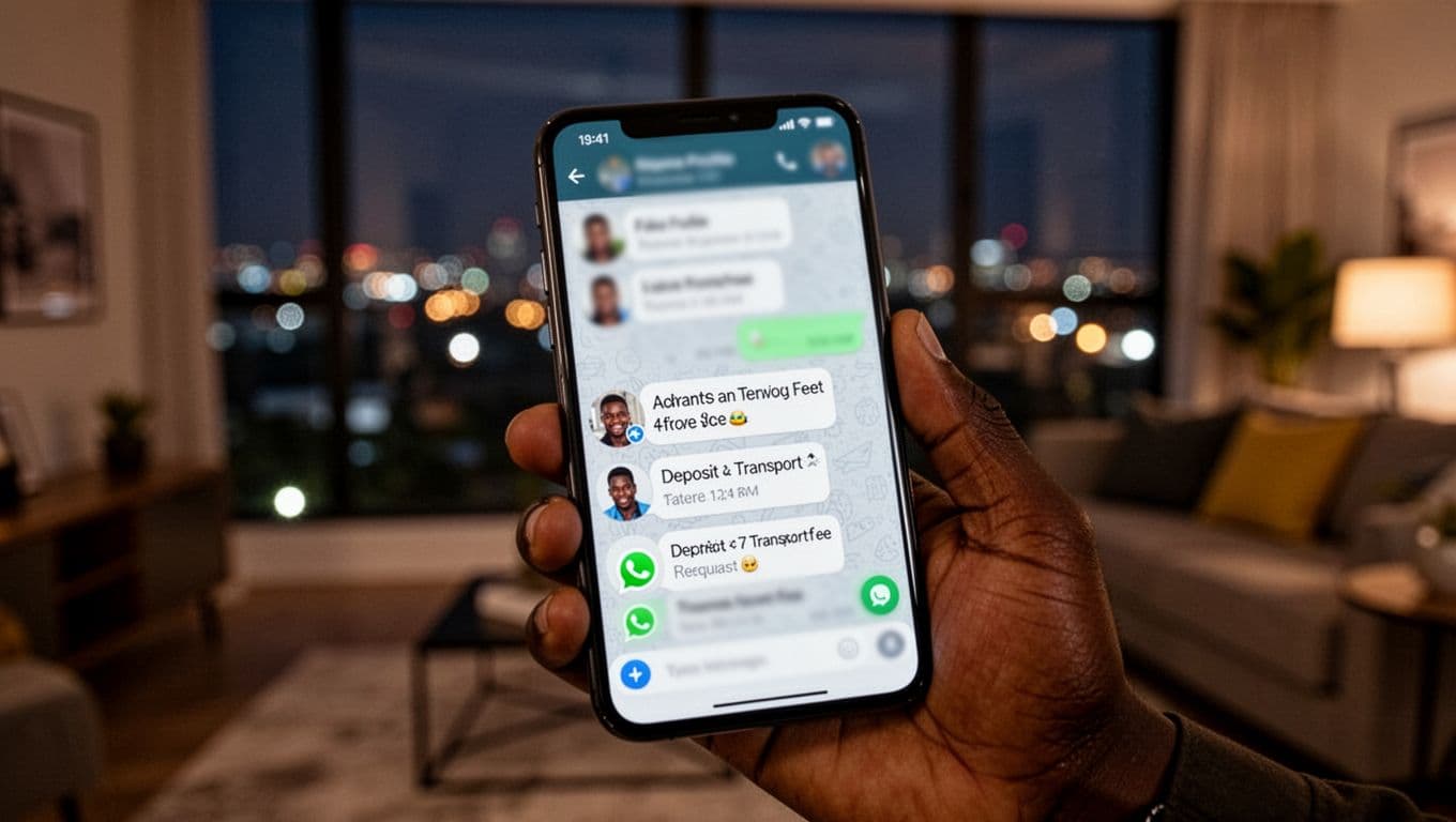 Close-up of a hand holding a smartphone in a modern Nairobi apartment at night, with the screen displaying a blurred messaging app chat featuring icons of a fake profile and urgent payment requests like deposits, soft city lights in the background.
