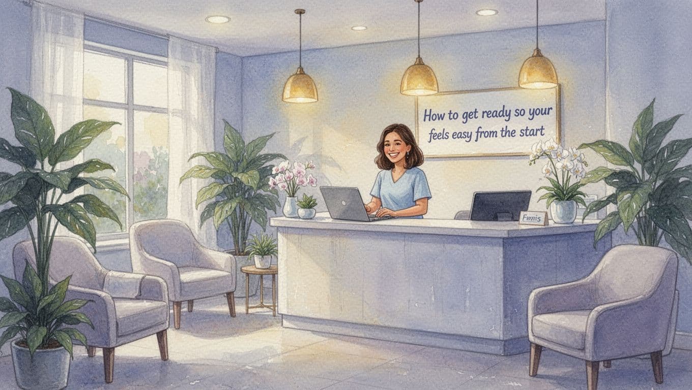 A relaxed client smiles while checking in early at a serene spa reception for a Swedish massage session, in a cozy lobby with plants, soft chairs, and warm lighting. Watercolor style featuring soft blending, visible brush texture, and pastel blues, lavenders, warm yellows; exactly one person present.