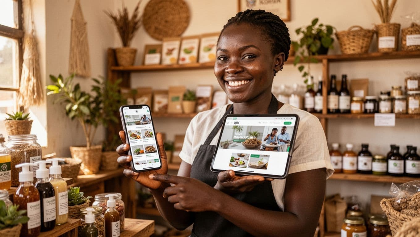 A joyful Kenyan small business owner in a vibrant Nairobi shop interior views a new responsive website on their smartphone, surrounded by natural products and warm daylight.