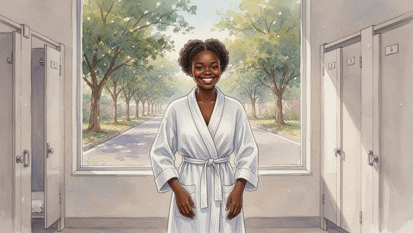 A smiling young local woman from Kilimani, Nairobi, stands relaxed in the spa changing area after a Swedish massage, adjusting her robe with loose shoulders and bright expression under soft natural light from a window overlooking Kindaruma Road trees, in watercolor style.