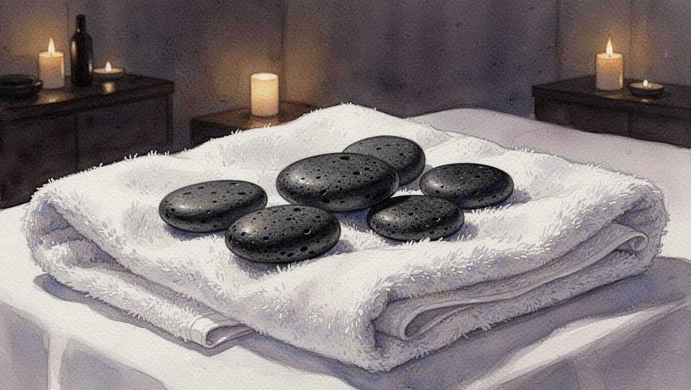 Several smooth dark basalt stones rest on a soft, neatly folded white spa towel.