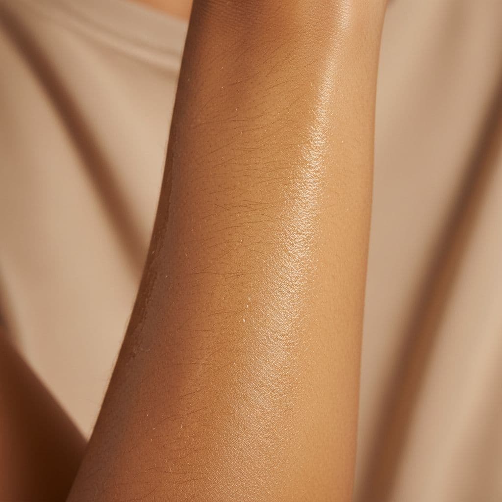 Hot Oil Massage 5 Close-up of smooth, hydrated arm skin after hot oil massage, showing healthy glow, moisture barrier, subtle sheen, and improved texture on diverse skin tone in soft natural light.
