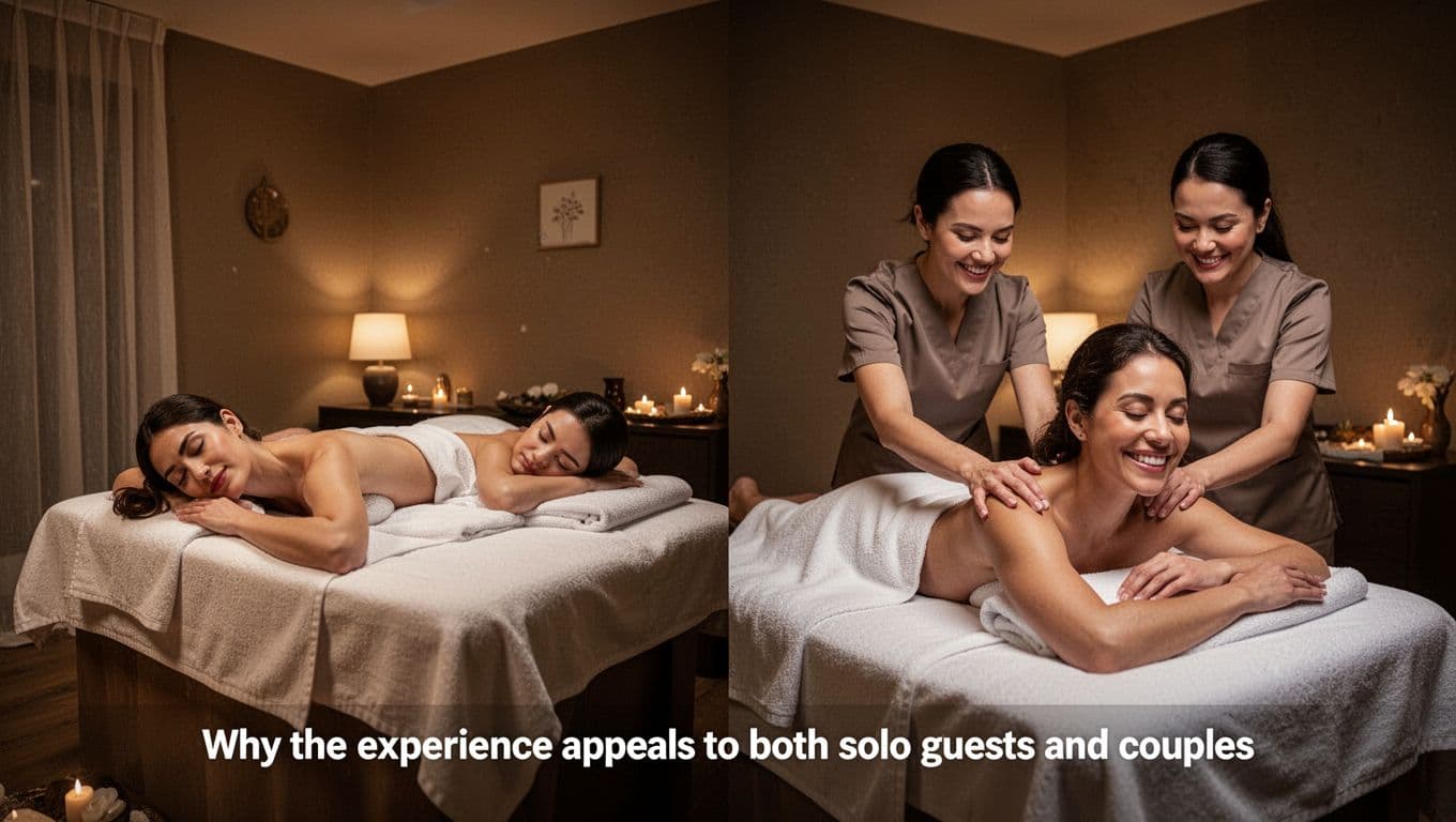 Cinematic split composition featuring a solo guest relaxing on a massage table in a private spa room and a couple receiving side-by-side massages from therapists, highlighting appeal to individuals and pairs.