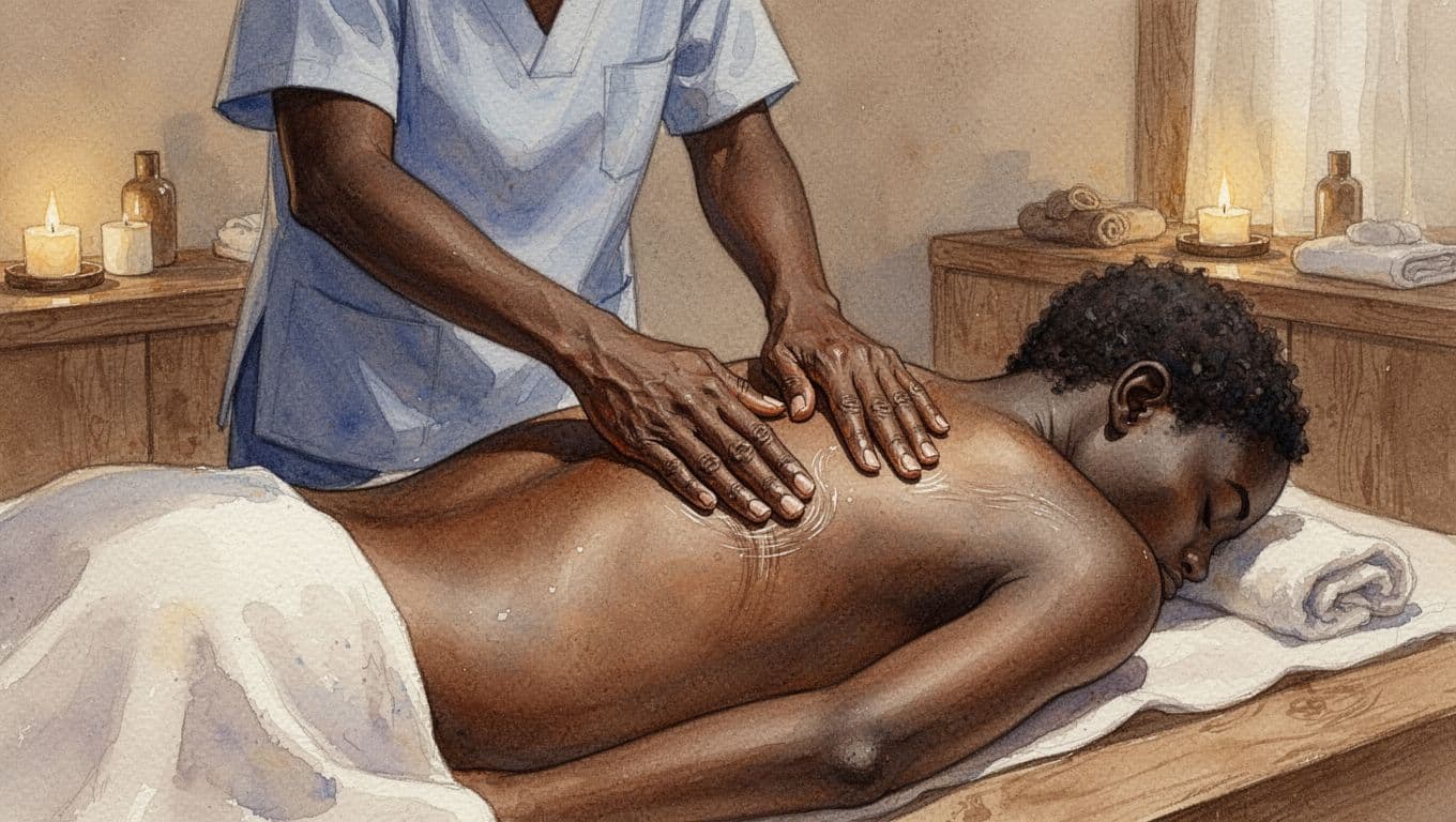 Somali massage therapist performs effleurage gliding strokes and petrissage kneading on a client's upper back in a serene Nairobi spa with dim lighting and wooden elements, in watercolor style focusing on hands and strokes.
