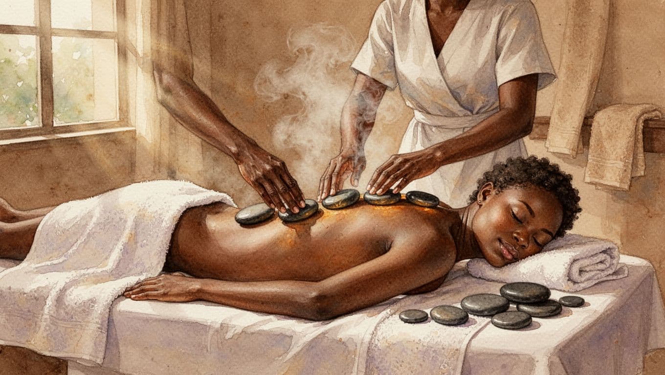 Client receiving hot stone add-on during Somali massage in Nairobi spa, with heated stones along spine on back and therapist arranging more, in watercolor style with steam, towels, and warm earthy tones.