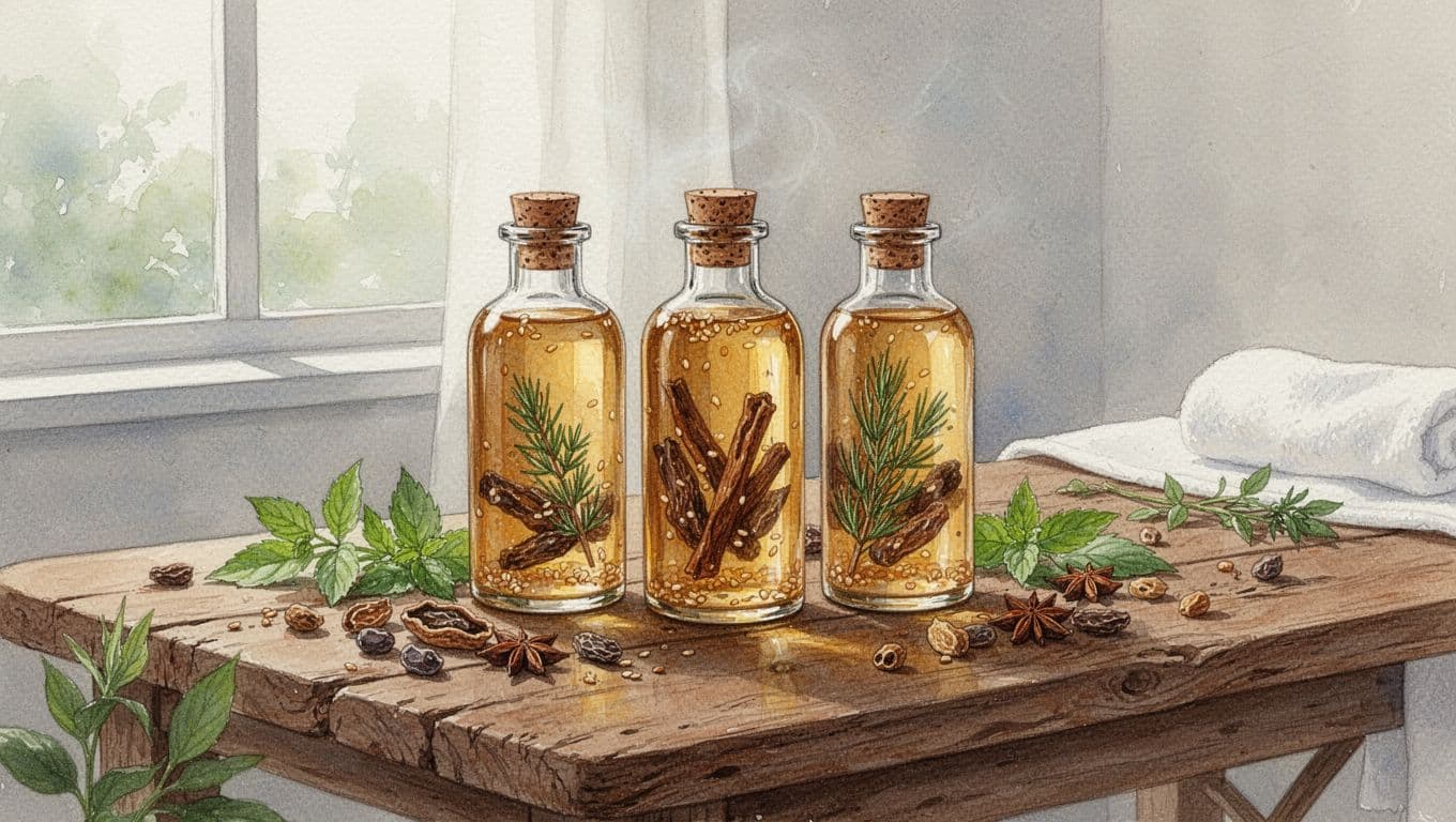 Glass bottles of sesame-based Somali massage oils infused with frankincense, myrrh, herbs, and spices arranged on a rustic wooden spa table with scattered fresh herbs and spice pods, in watercolor style under soft natural light.
