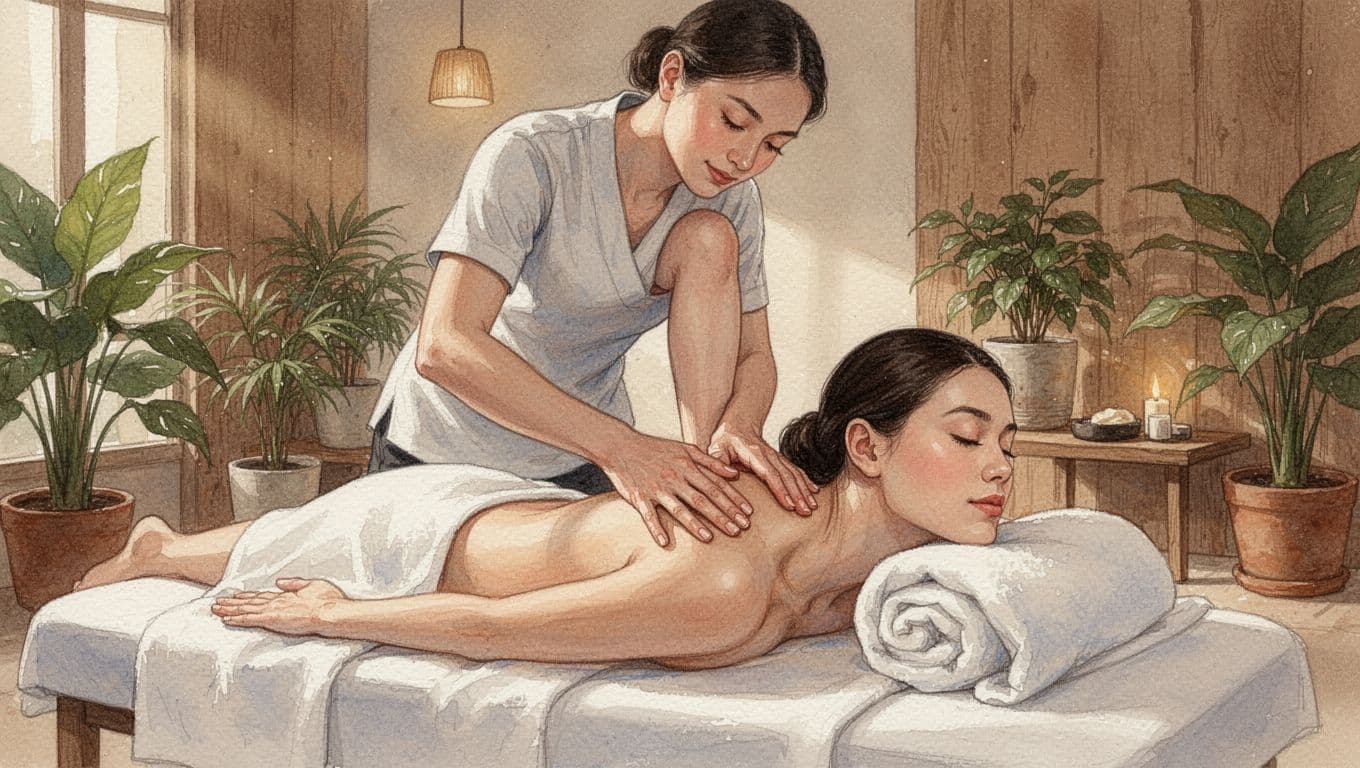 Somali massage therapist applies firm elbow pressure to client's tense neck and shoulders on a massage table in serene Nairobi spa; watercolor style with warm tones and relaxed client expression.