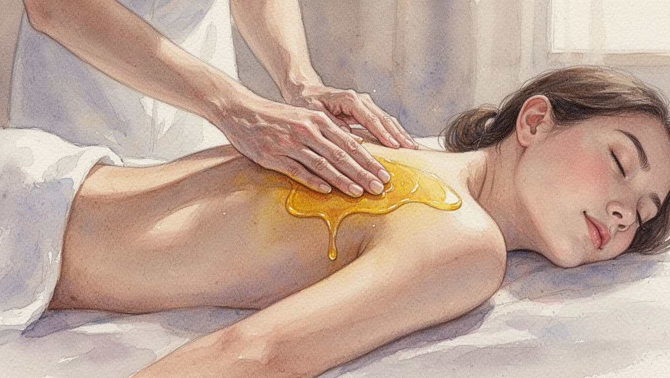 Hot Oil Massage 3 A watercolor painting captures warm oil being massaged into a person's shoulder for ultimate relaxation.