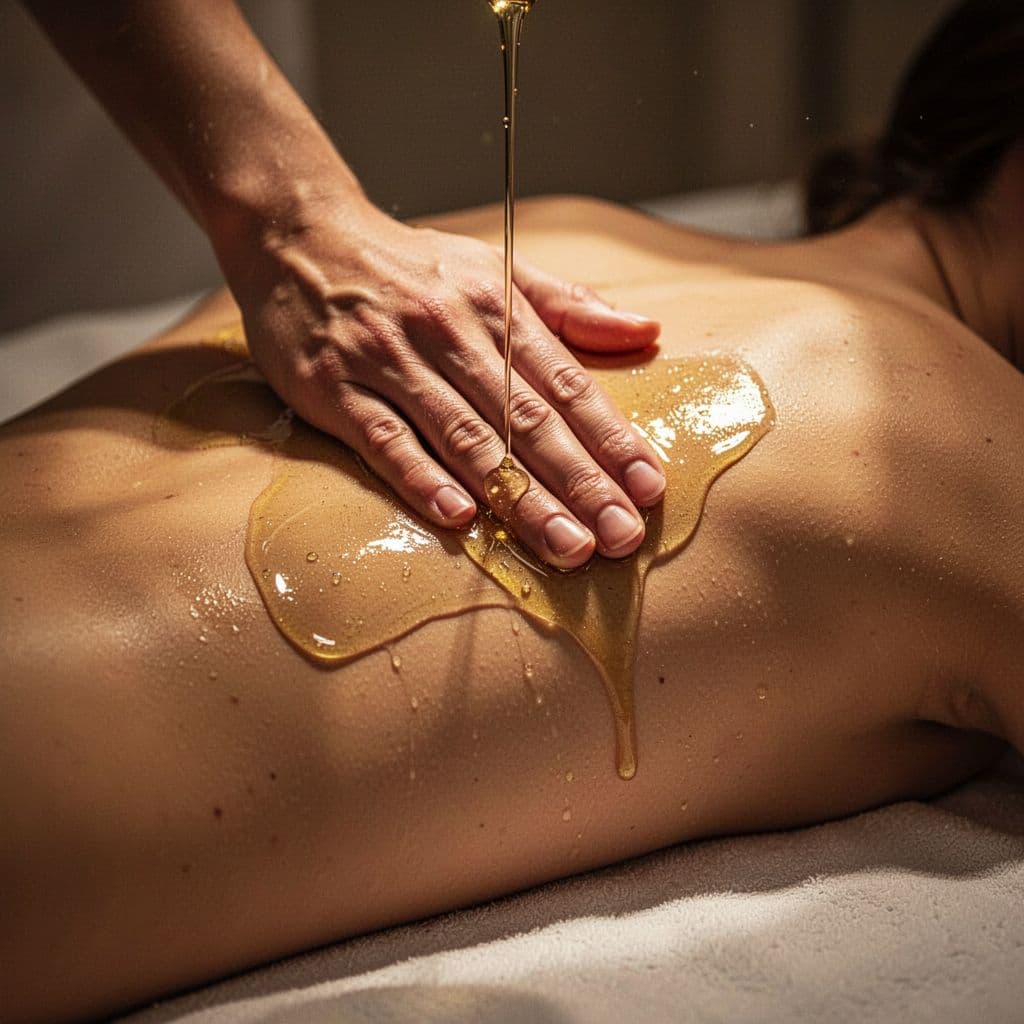 A pair of hands slowly spreads amber-colored warm oil across a person's bare back, creating a glossy sheen. Soft golden light highlights the texture of the skin and the fluid movement.