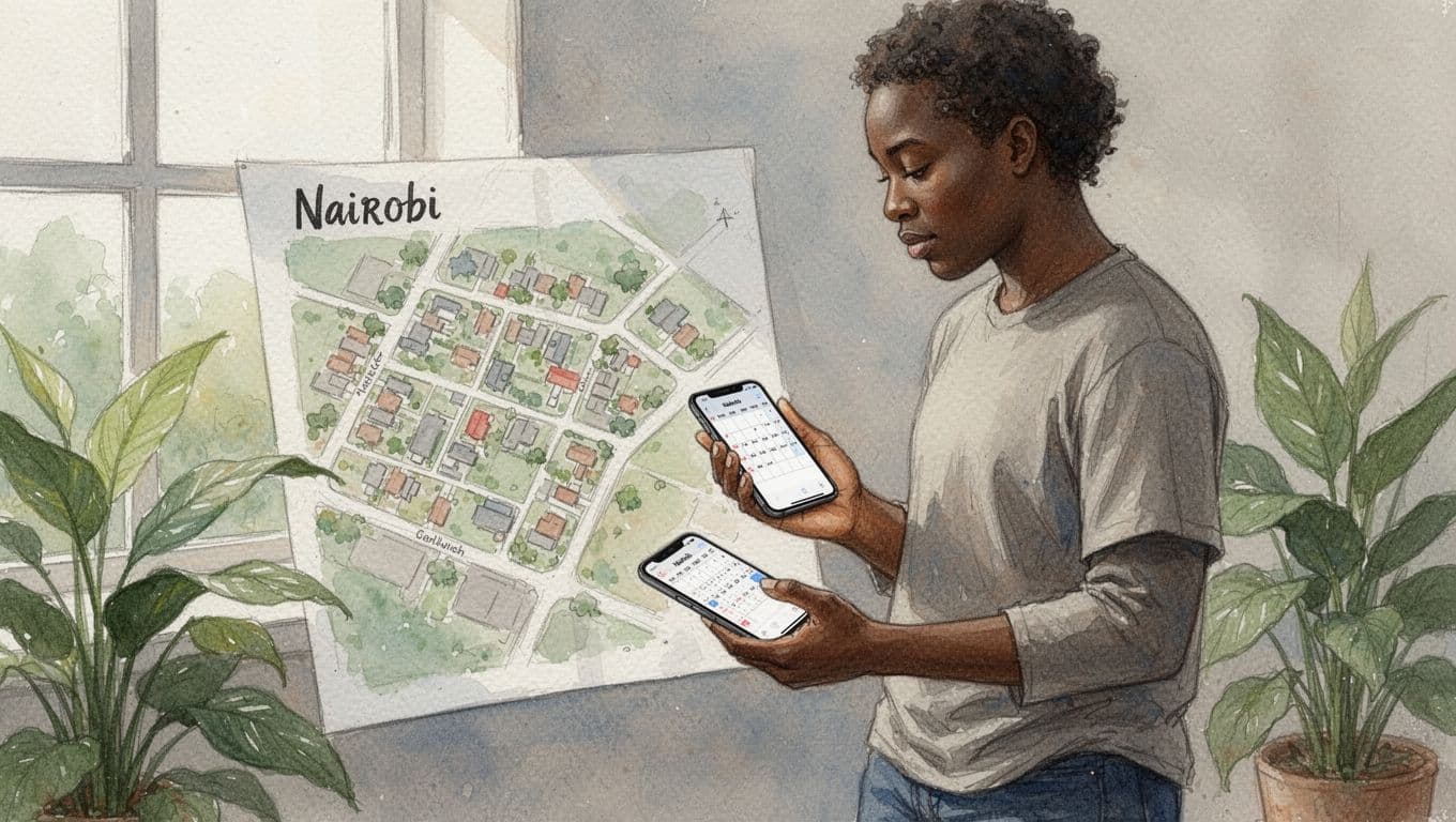 Watercolor person holds phone naturally near map marking Zanzibar Road spa in South B Nairobi.
