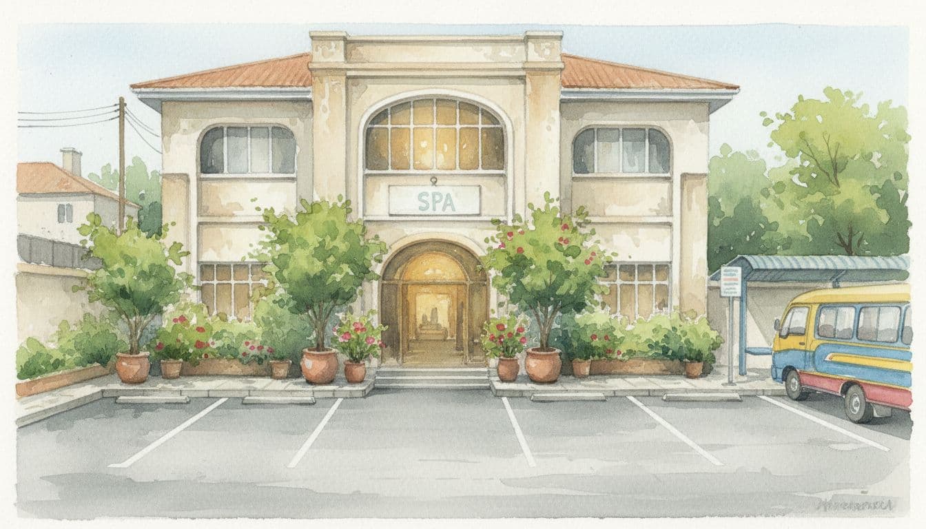 Watercolor-style spa entrance in South B Nairobi, green plants framing door, parking spots and matatu nearby, calm interior light spilling out.