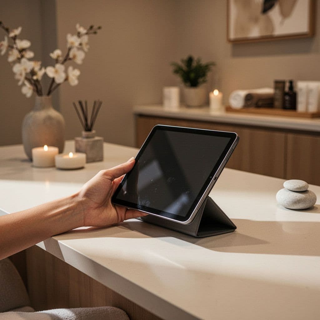 A person holds a sleek tablet over a minimalist wooden counter in a serene spa. Soft, warm sunlight illuminates the organized surface, highlighting a peaceful and welcoming environment for guests.