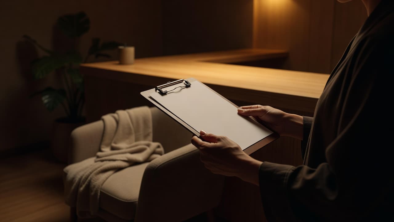 Hands hold a blank clipboard containing a checklist within a dimly lit, serene massage spa. The background features a minimalist wooden counter and soft, textured decor under warm ambient light.