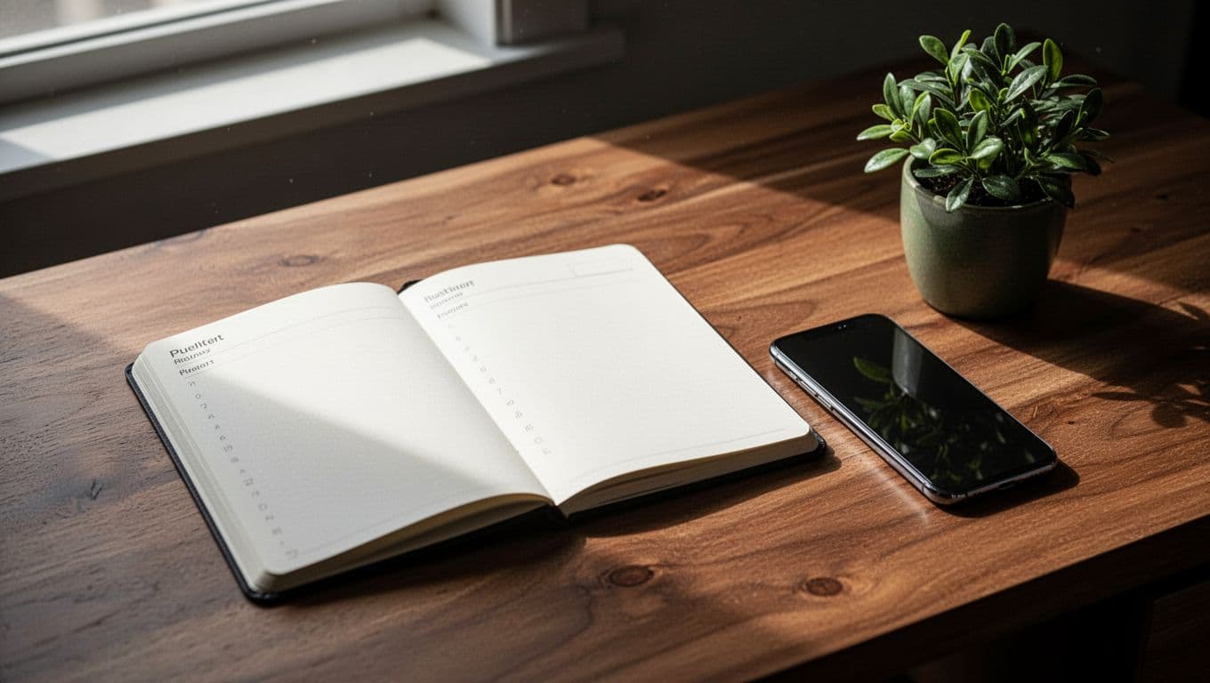 A blank calendar and phone on a wooden desk with a small plant.