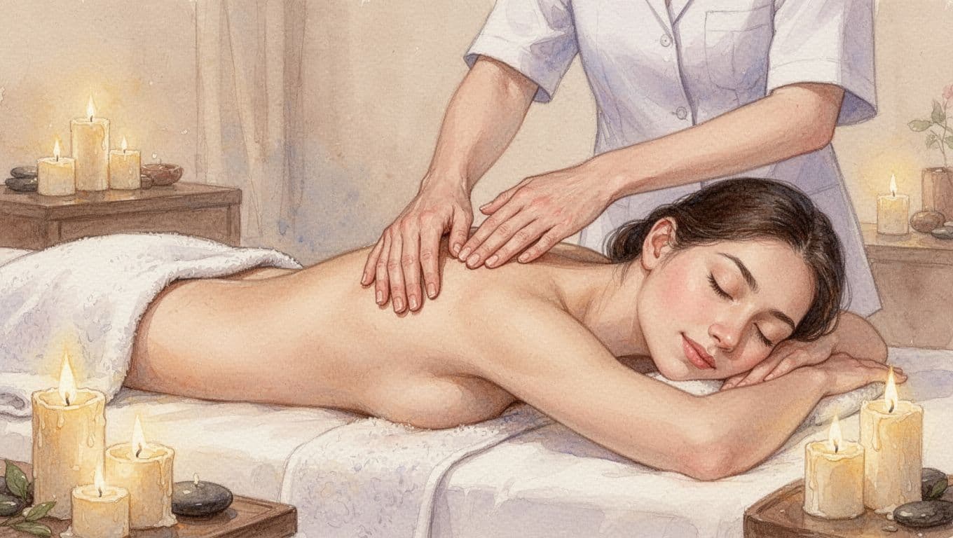 Person lies face down on massage table in serene spa room, eyes closed in deep relaxation, therapist's hands applying gentle strokes to upper back and shoulders. Watercolor style with soft pastel tones, warm candle lighting, close composition on upper body.